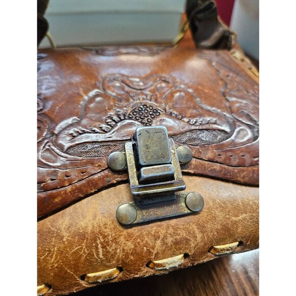 Vintage Hand Tooled Leather Bag Purse Shoulder Bag Brown - Picture 9 of 13